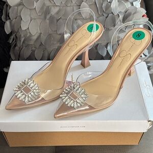 ❤️Jessica Simpson Clear and Beige Heels with Embellishments